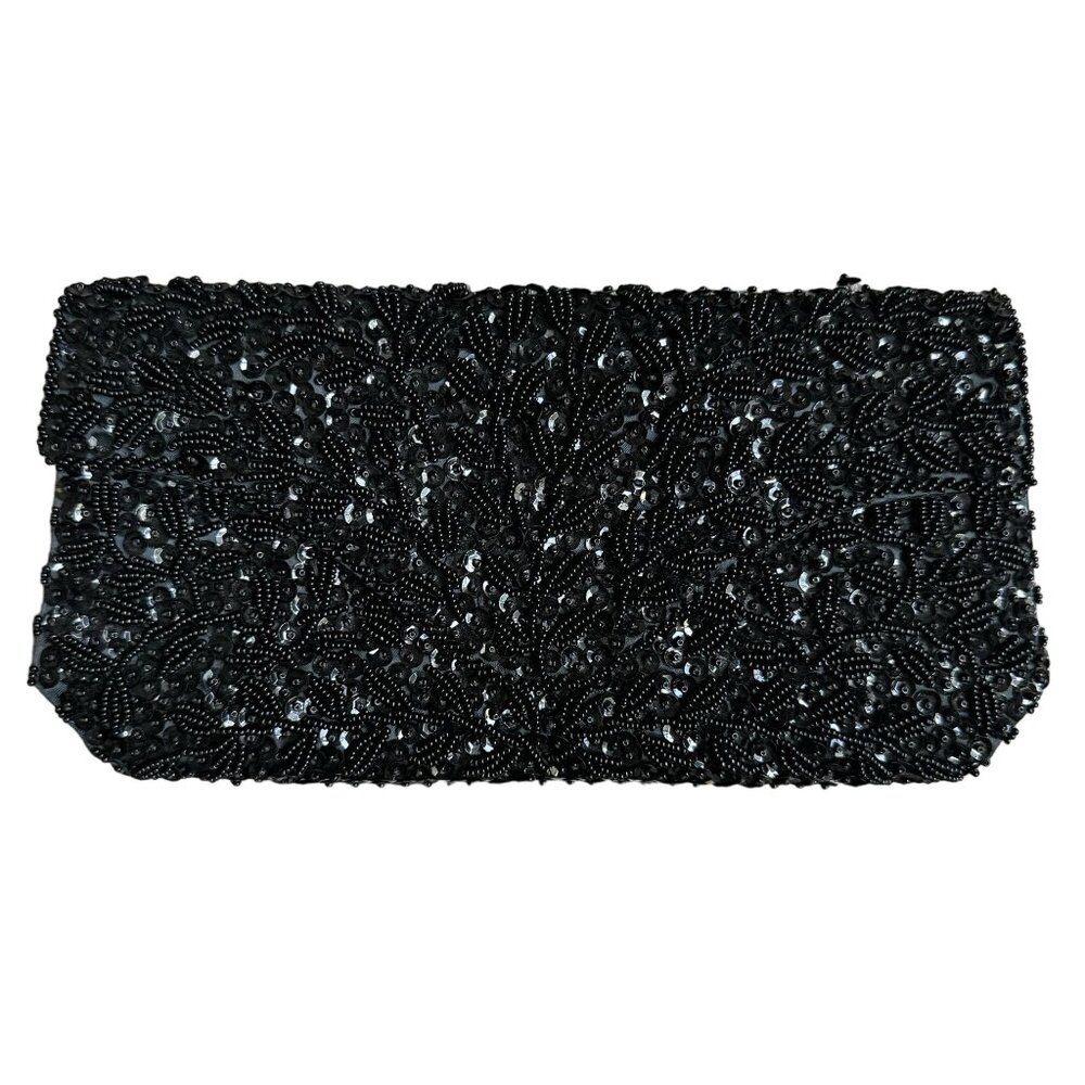 Vtg Beaded Evening Clutch Black Intricate Sequin‎ Detailing Handmade Hong Kong